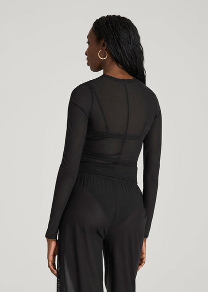 American Tall Women Power Mesh Fitted Long Sleeve Top for Tall Women in Deep Black