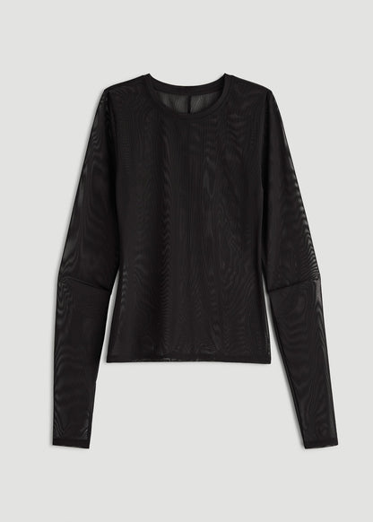 American Tall Women Power Mesh Fitted Long Sleeve Top for Tall Women in Deep Black