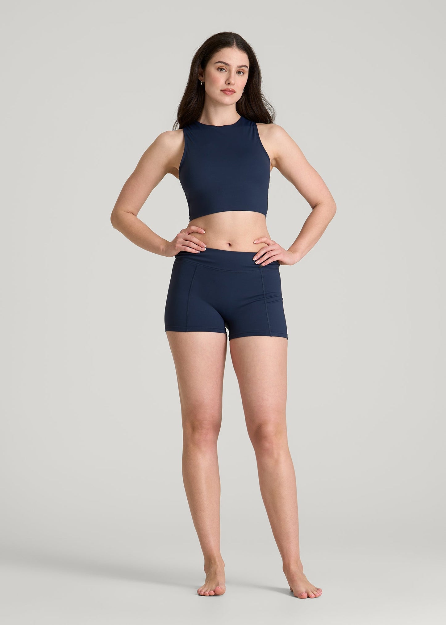 American Tall Women Fitted Hybrid Shorts for Tall Women in Navy Blue