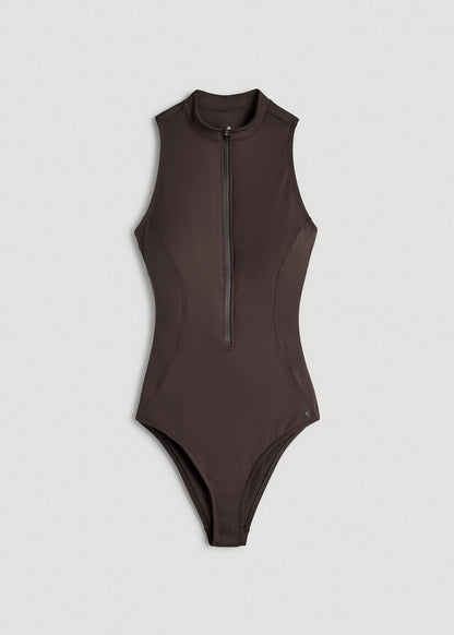 American Tall Women Quarter Zip Cinched One Piece Swimsuit for Tall Women in Espresso