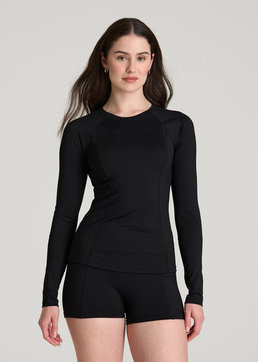 American Tall Women Long Sleeve Crewneck Rashguard for Tall Women in Deep Black