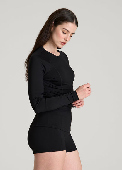 American Tall Women Long Sleeve Crewneck Rashguard for Tall Women in Deep Black