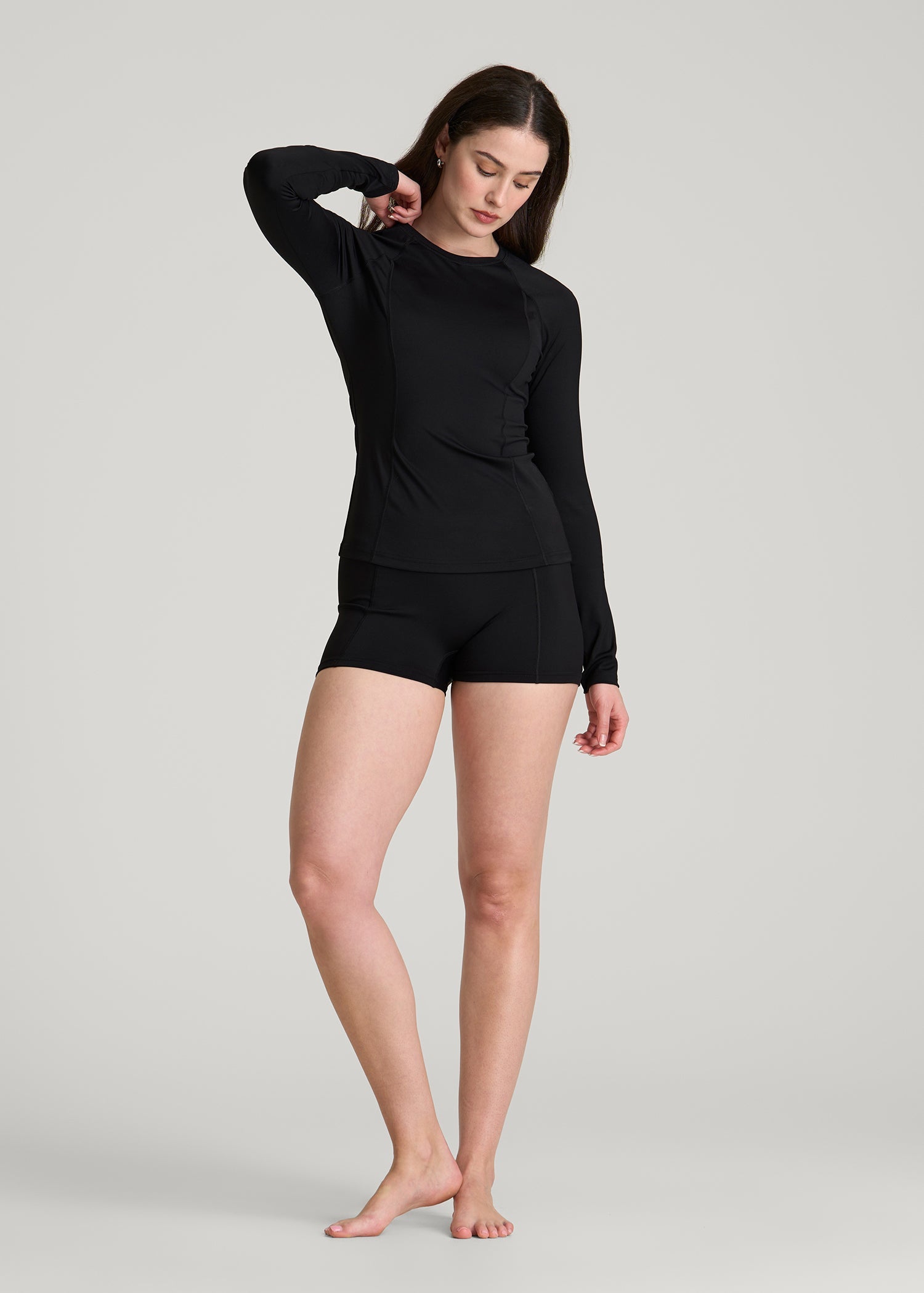 American Tall Women Long Sleeve Crewneck Rashguard for Tall Women in Deep Black