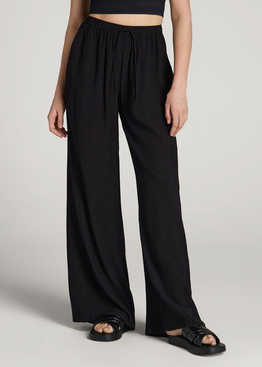 American Tall Women Crinkle Pull-on Wide-leg Pants for Tall Women in Black