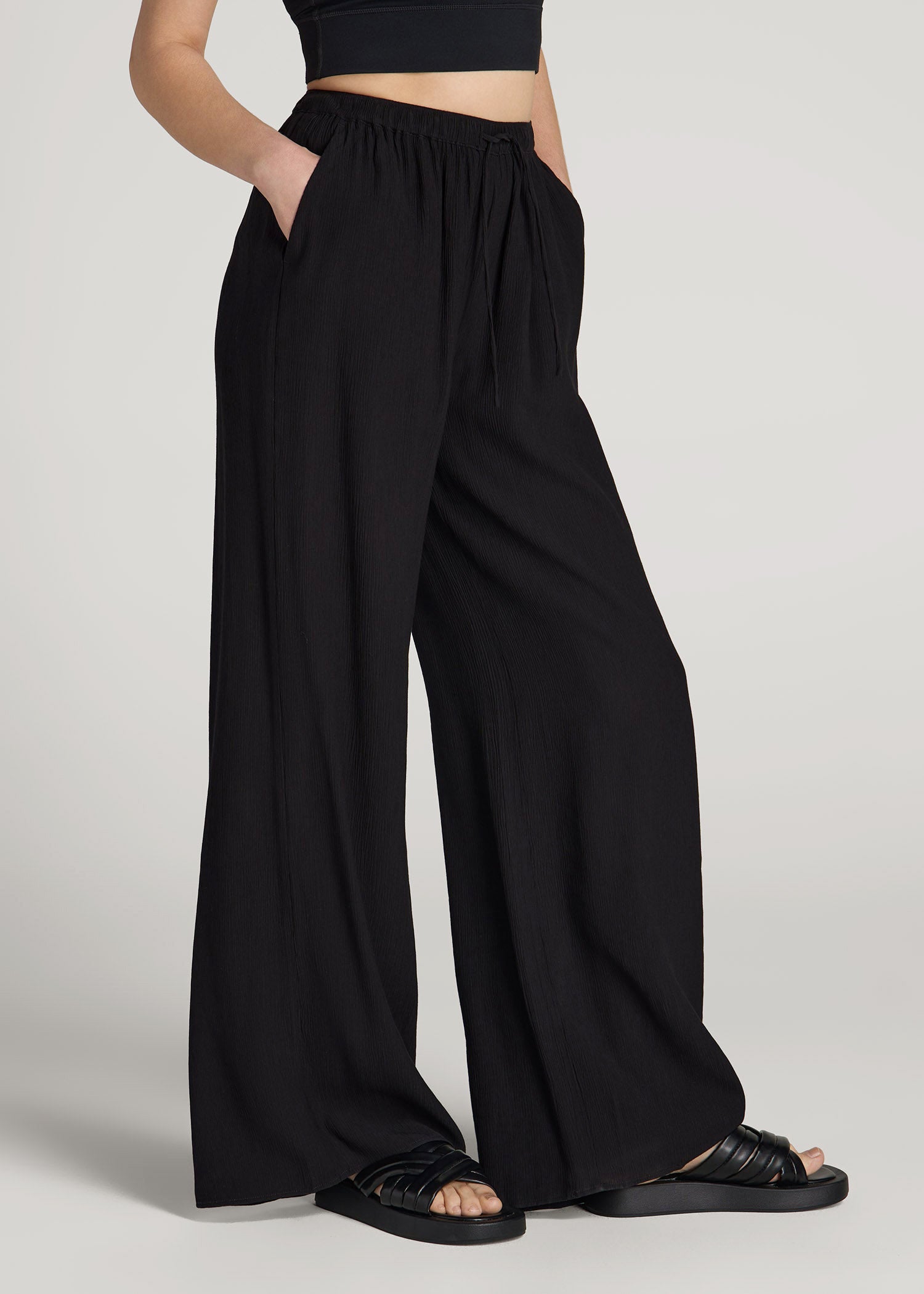 American Tall Women Crinkle Pull-on Wide-leg Pants for Tall Women in Black
