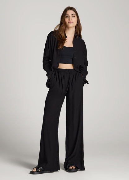 American Tall Women Crinkle Pull-on Wide-leg Pants for Tall Women in Black