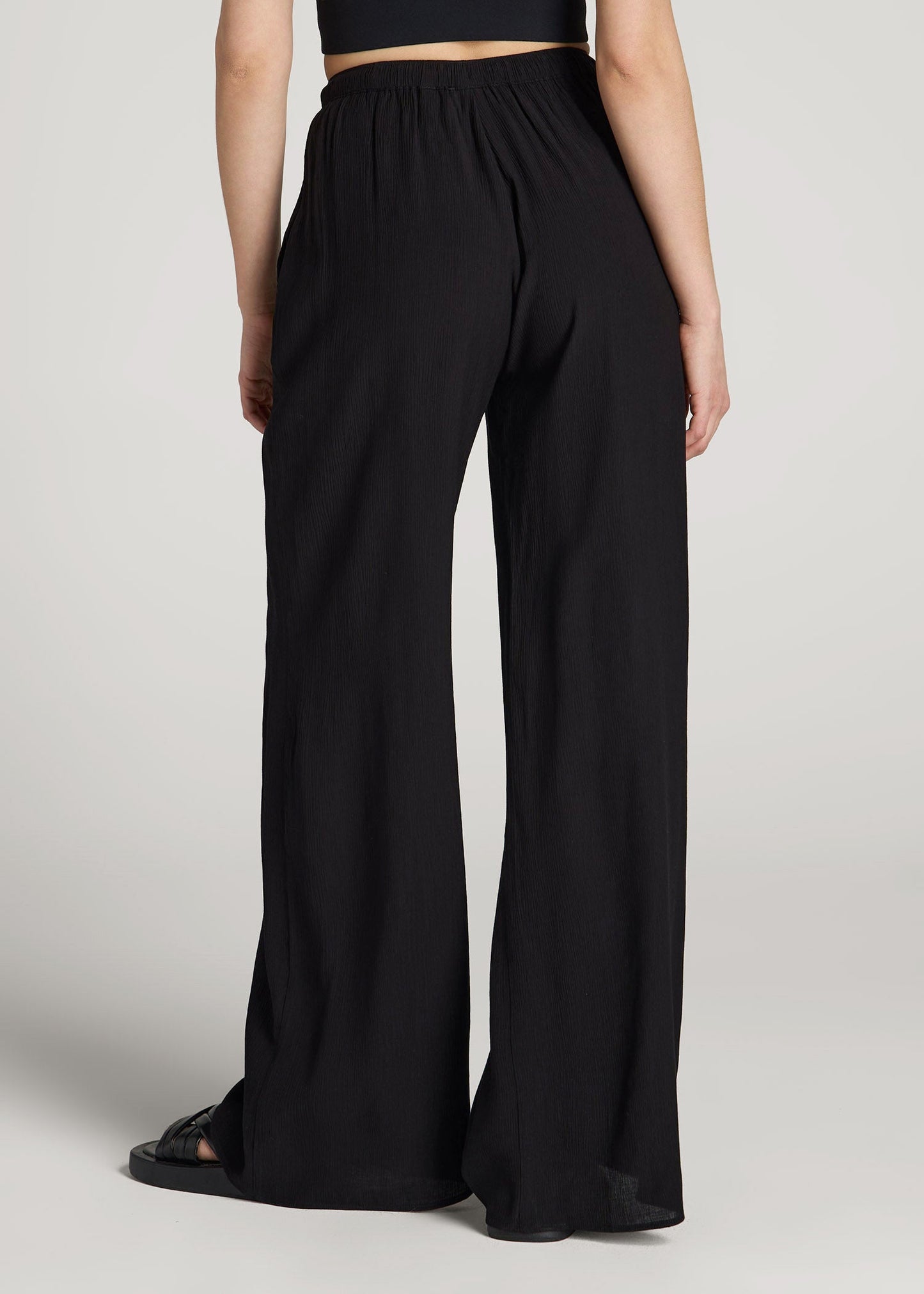 American Tall Women Crinkle Pull-on Wide-leg Pants for Tall Women in Black