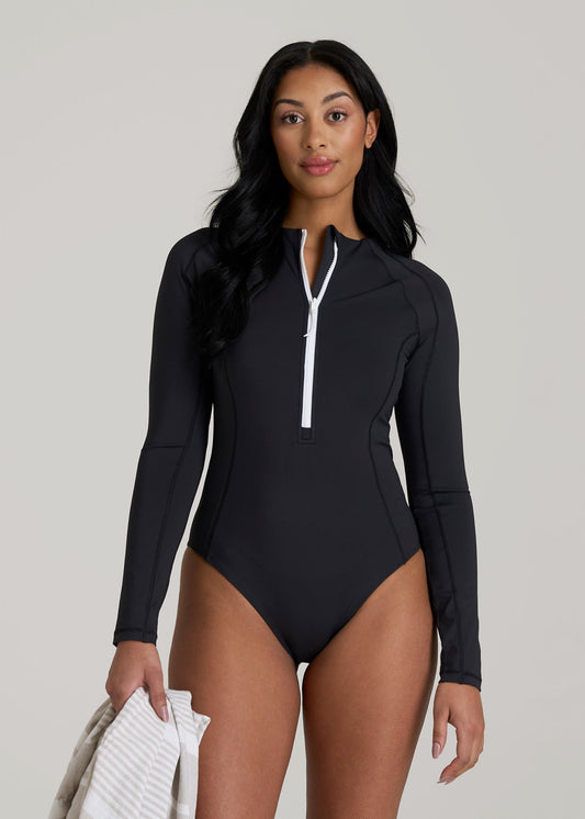 American Tall Women Long Sleeve UPF 50 One Piece Swimsuit for Tall Women in Black