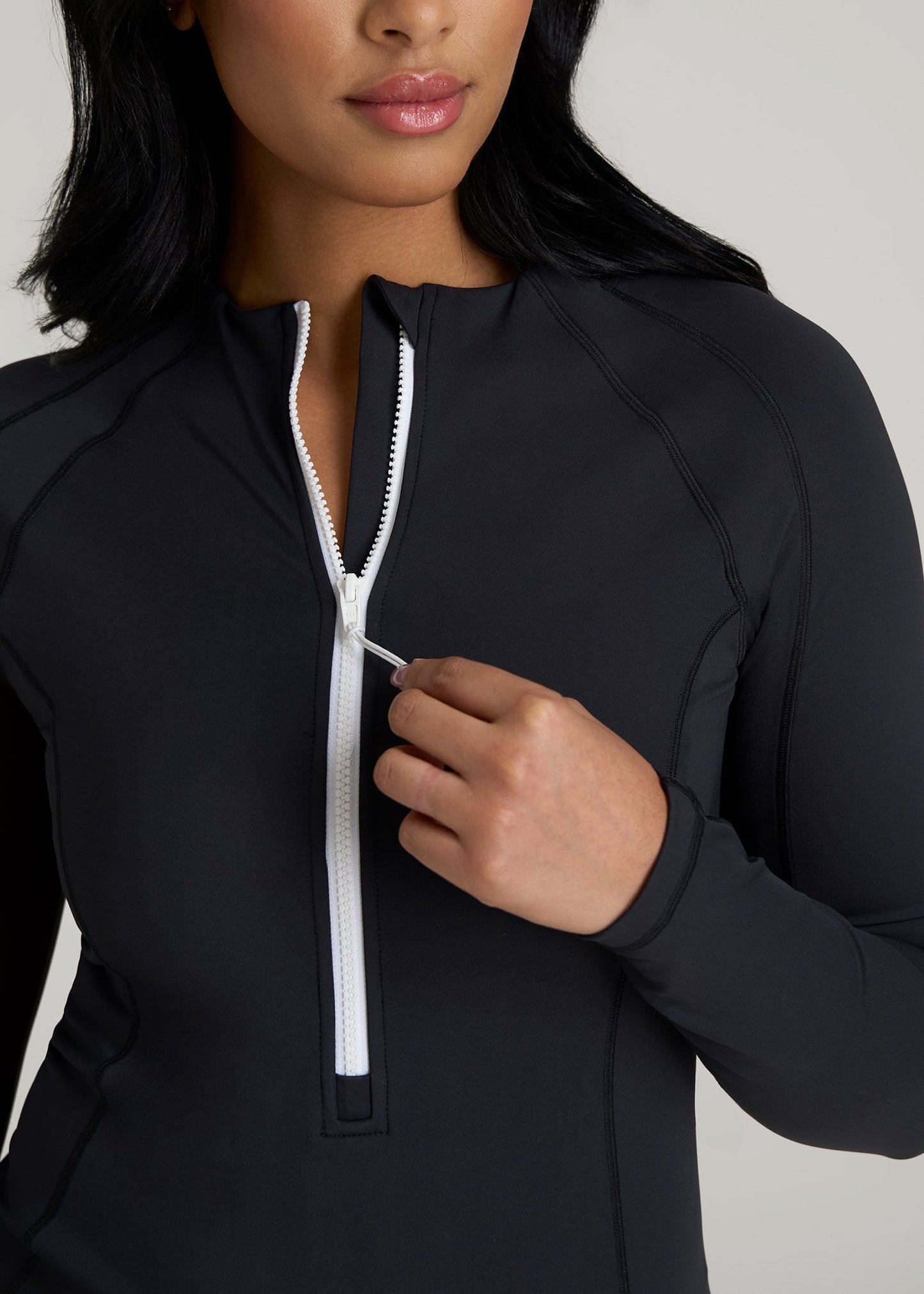 American Tall Women Long Sleeve UPF 50 One Piece Swimsuit for Tall Women in Black