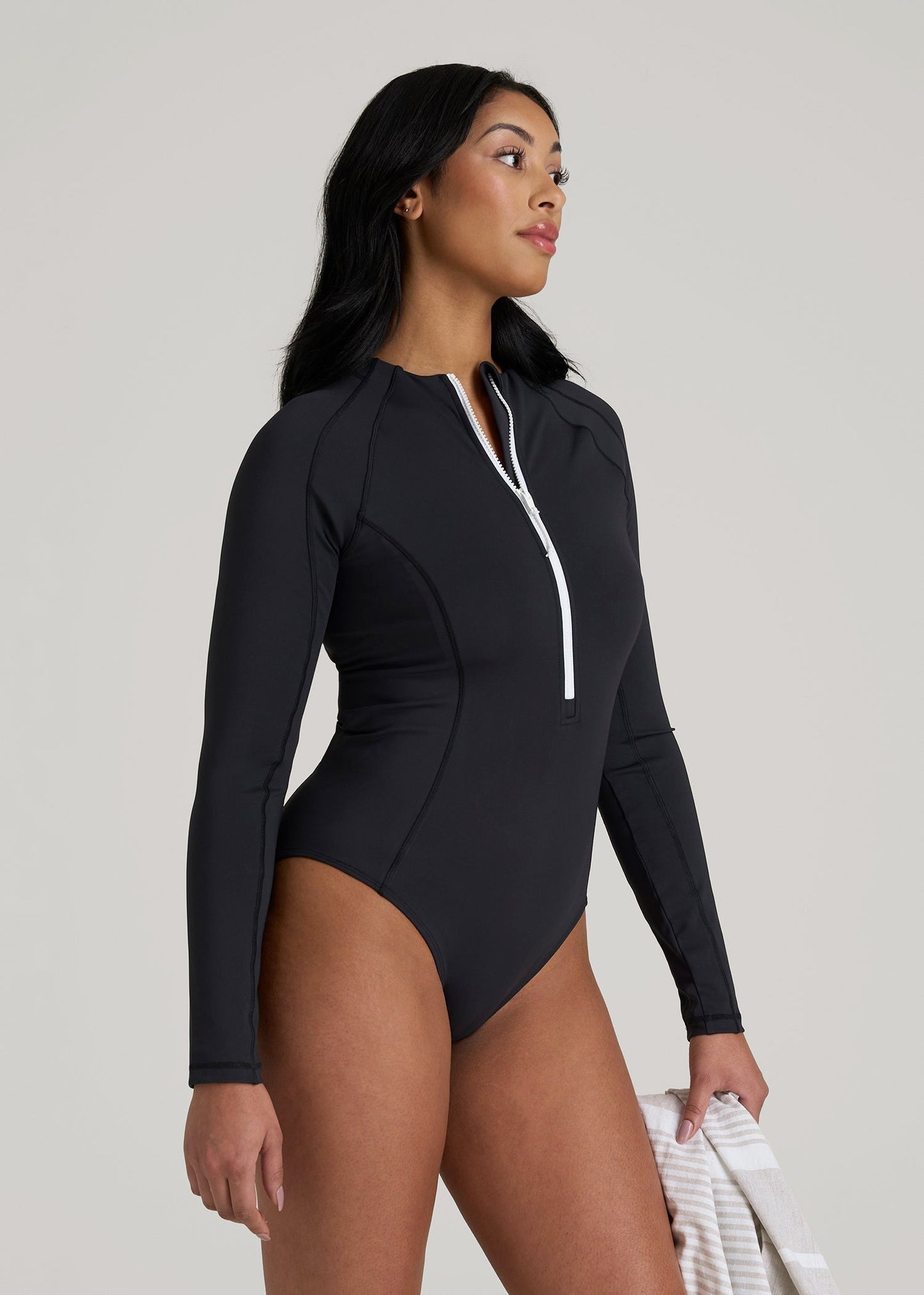 American Tall Women Long Sleeve UPF 50 One Piece Swimsuit for Tall Women in Black