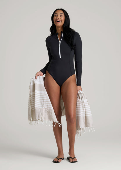 American Tall Women Long Sleeve UPF 50 One Piece Swimsuit for Tall Women in Black