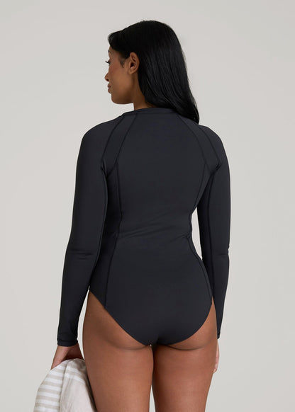 American Tall Women Long Sleeve UPF 50 One Piece Swimsuit for Tall Women in Black