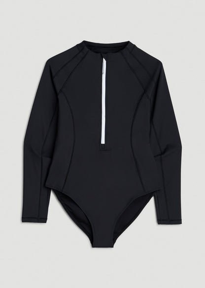 American Tall Women Long Sleeve UPF 50 One Piece Swimsuit for Tall Women in Black