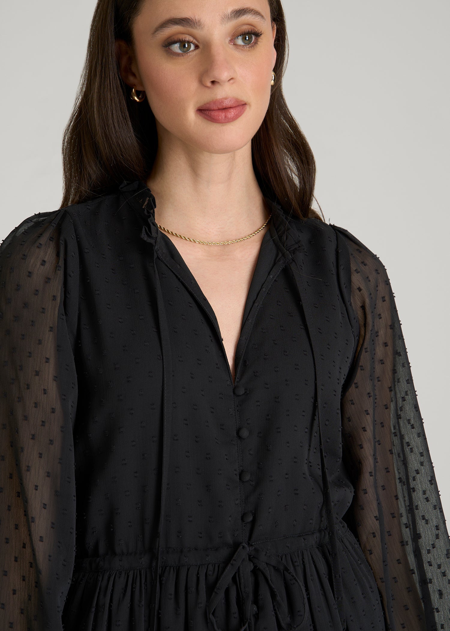 American Tall Women Peasant Chiffon Mini Dress for Tall Women in Black