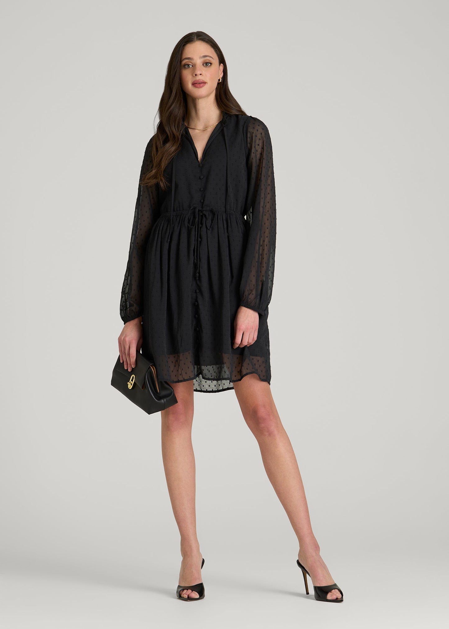 American Tall Women Peasant Chiffon Mini Dress for Tall Women in Black