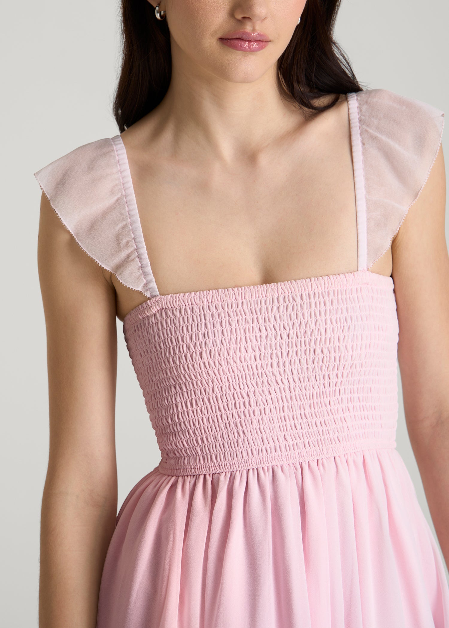 American Tall Women Chiffon Mini Gumdrop Dress for Tall Women in Barely Pink