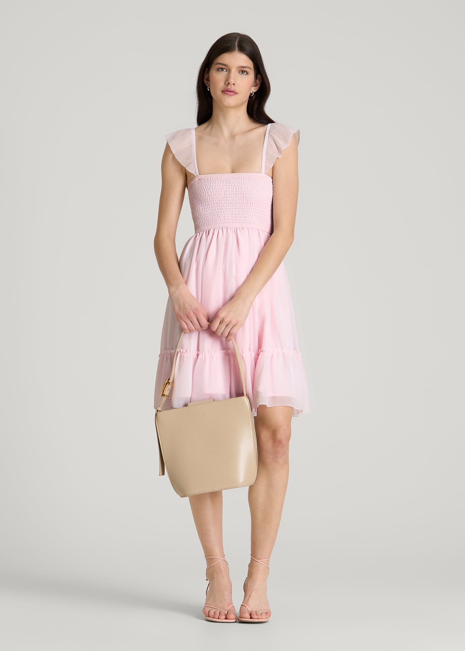 American Tall Women Chiffon Mini Gumdrop Dress for Tall Women in Barely Pink