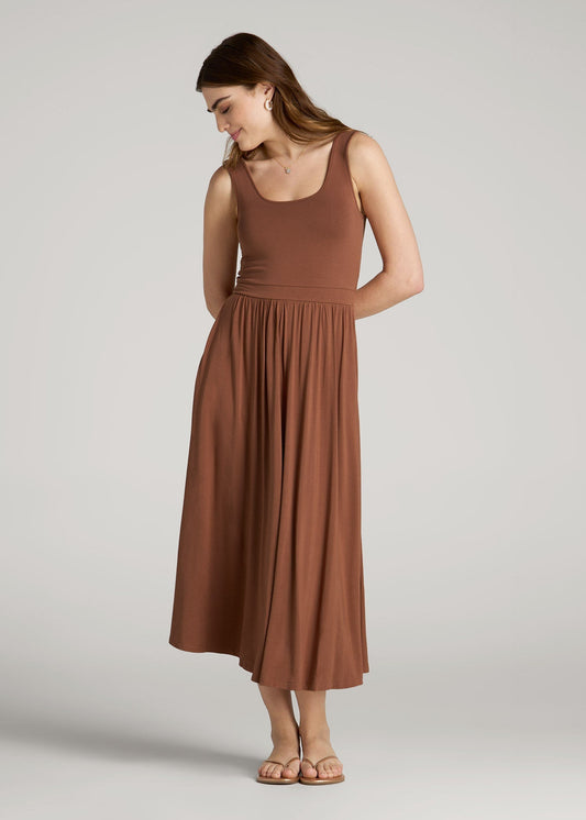 American Tall Women|Men Jersey Tank Dress with Pockets for Tall Women in Clay Brown