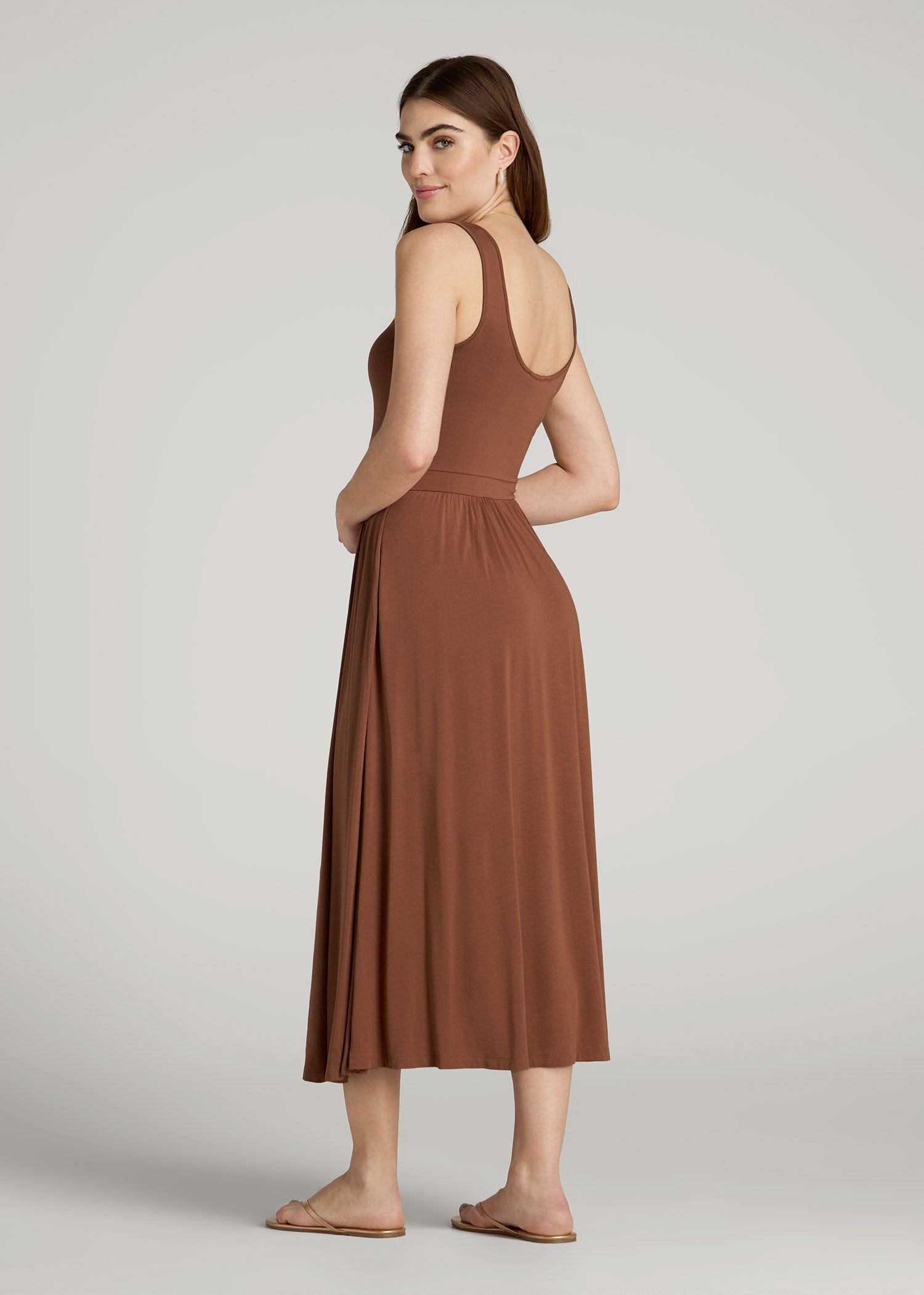 American Tall Women|Men Jersey Tank Dress with Pockets for Tall Women in Clay Brown