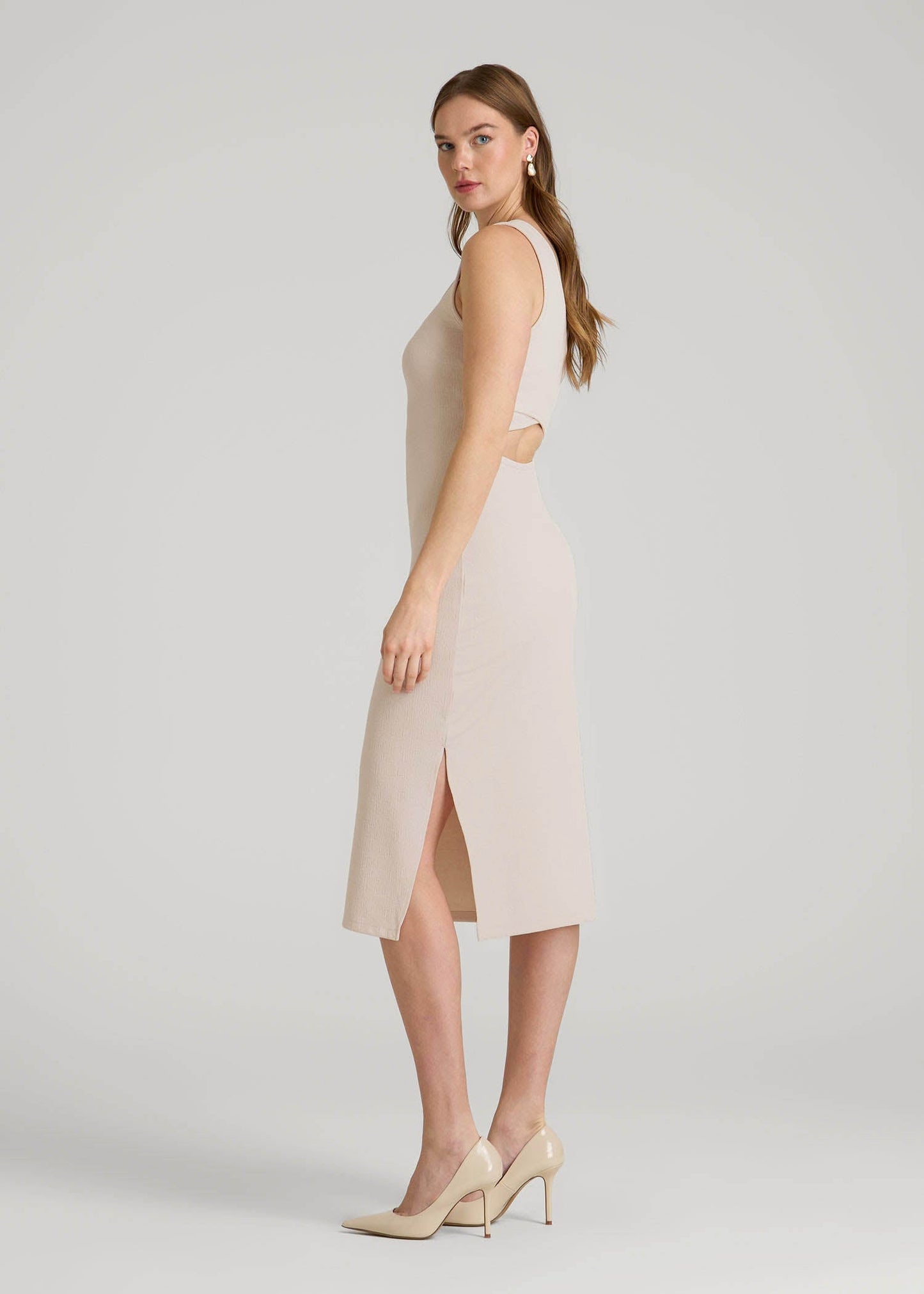 American Tall Women|Men Midi Cross Back Sleeveless Dress for Tall Women in Shell