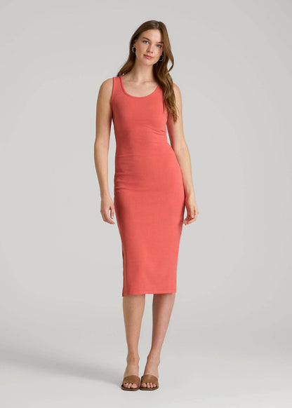 American Tall Women|Men Midi Cross Back Sleeveless Dress for Tall Women in Sunset Coral