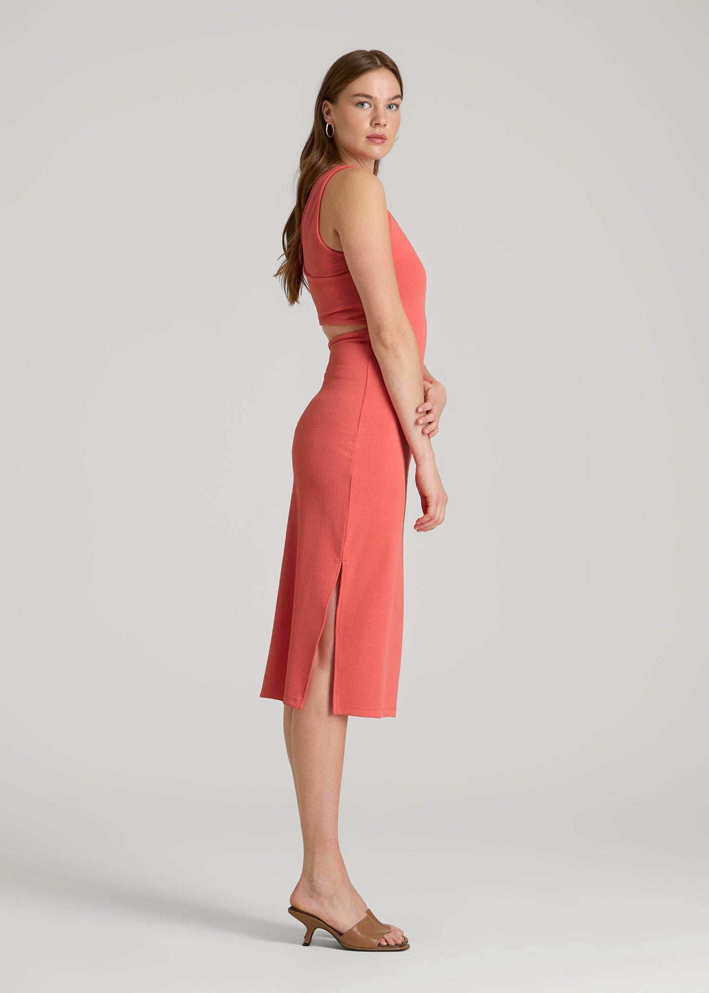 American Tall Women|Men Midi Cross Back Sleeveless Dress for Tall Women in Sunset Coral