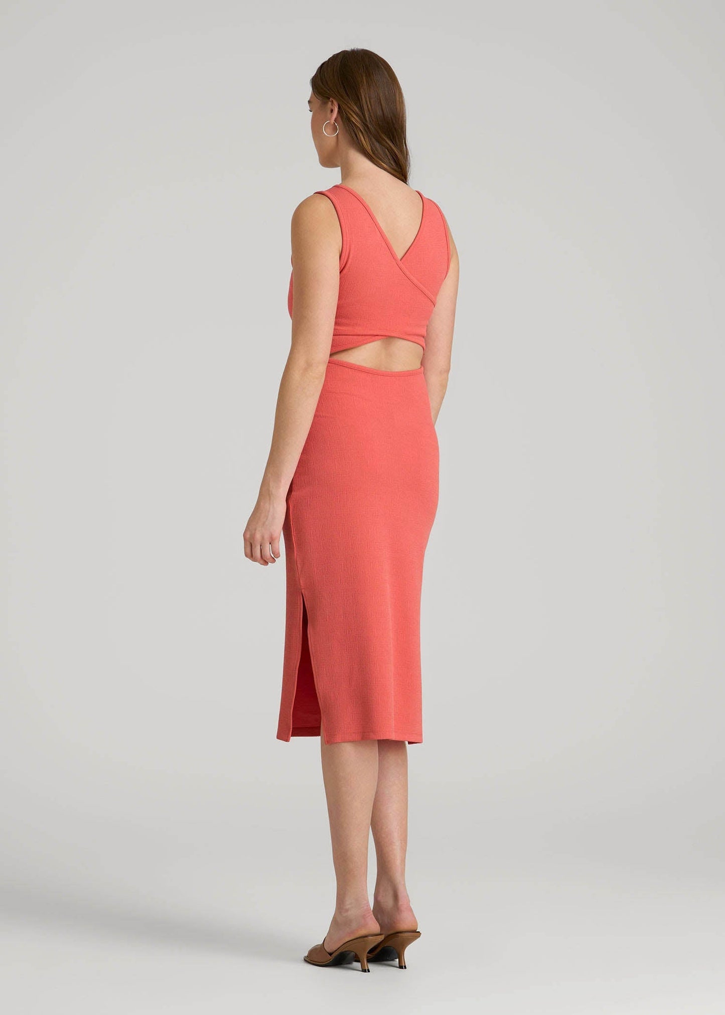 American Tall Women|Men Midi Cross Back Sleeveless Dress for Tall Women in Sunset Coral