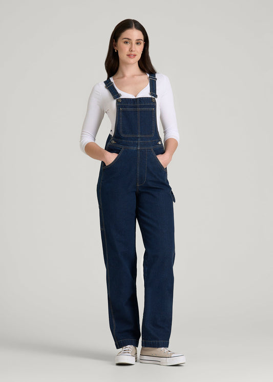 American Tall Women Denim Overalls for Tall Women in Deep Indigo Wash