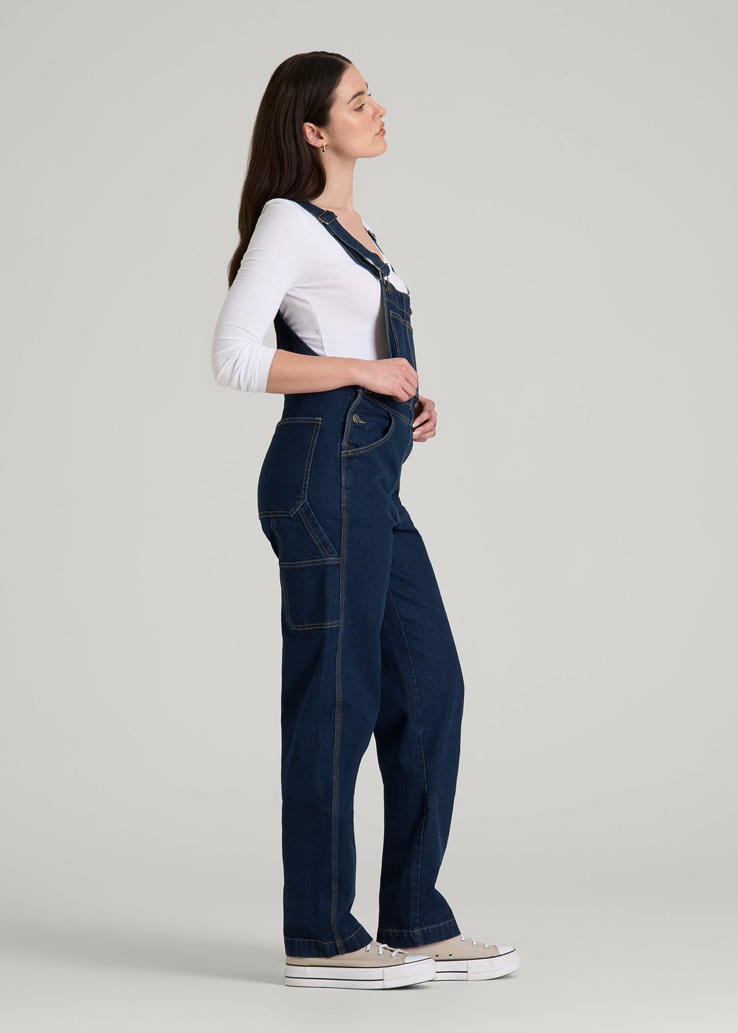 American Tall Women Denim Overalls for Tall Women in Deep Indigo Wash
