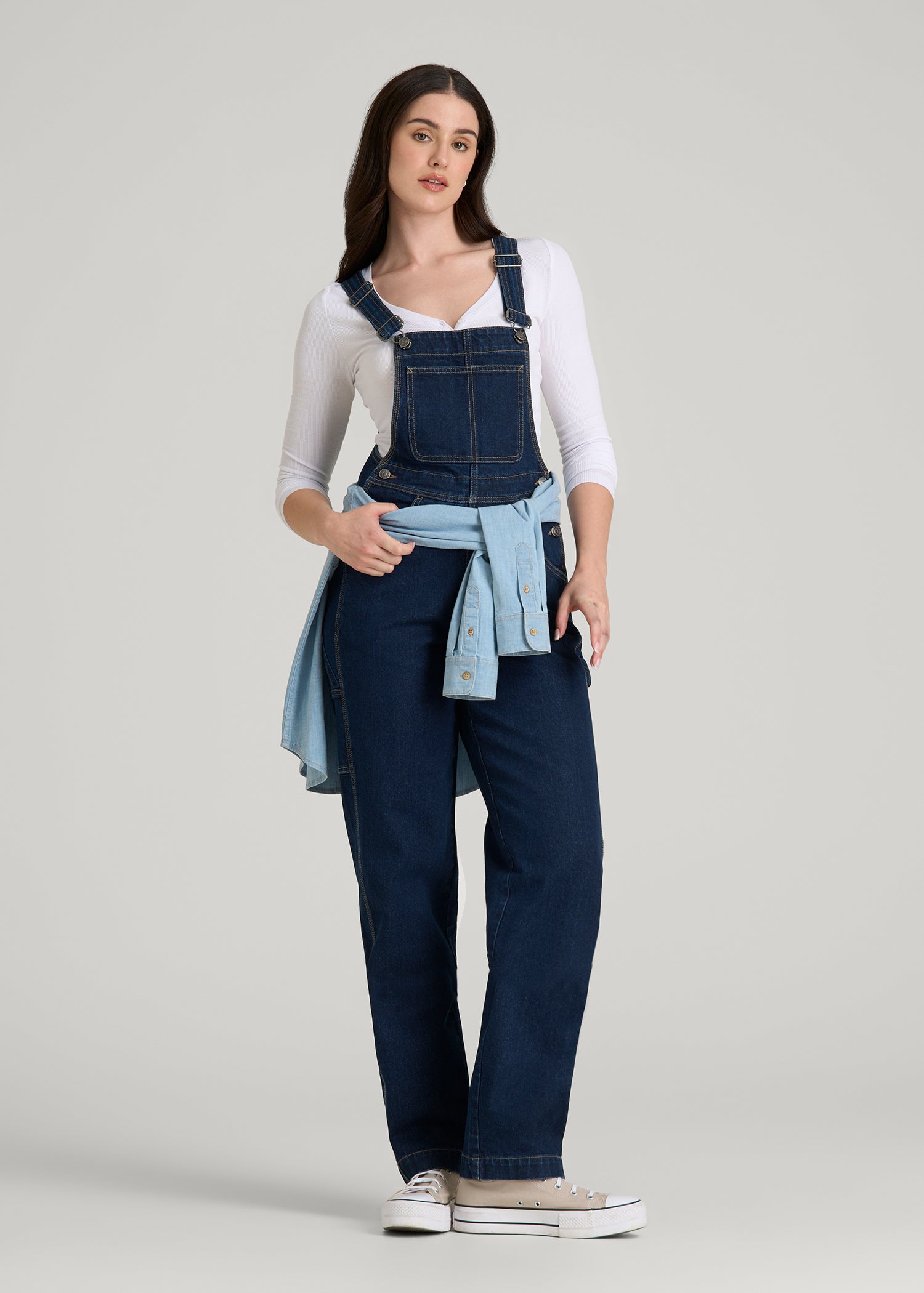 American Tall Women Denim Overalls for Tall Women in Deep Indigo Wash