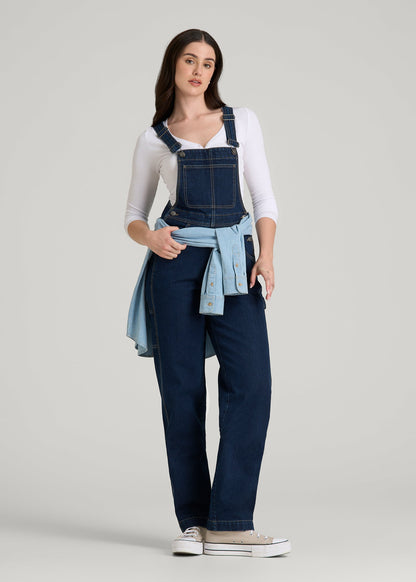 American Tall Women Denim Overalls for Tall Women in Deep Indigo Wash