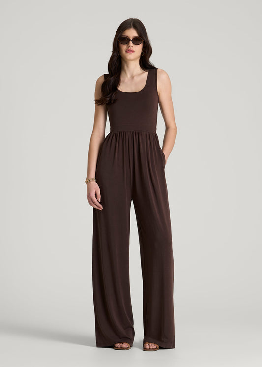 American Tall Women Jersey Tank wide leg jumpsuit with pockets for Tall Women in Espresso