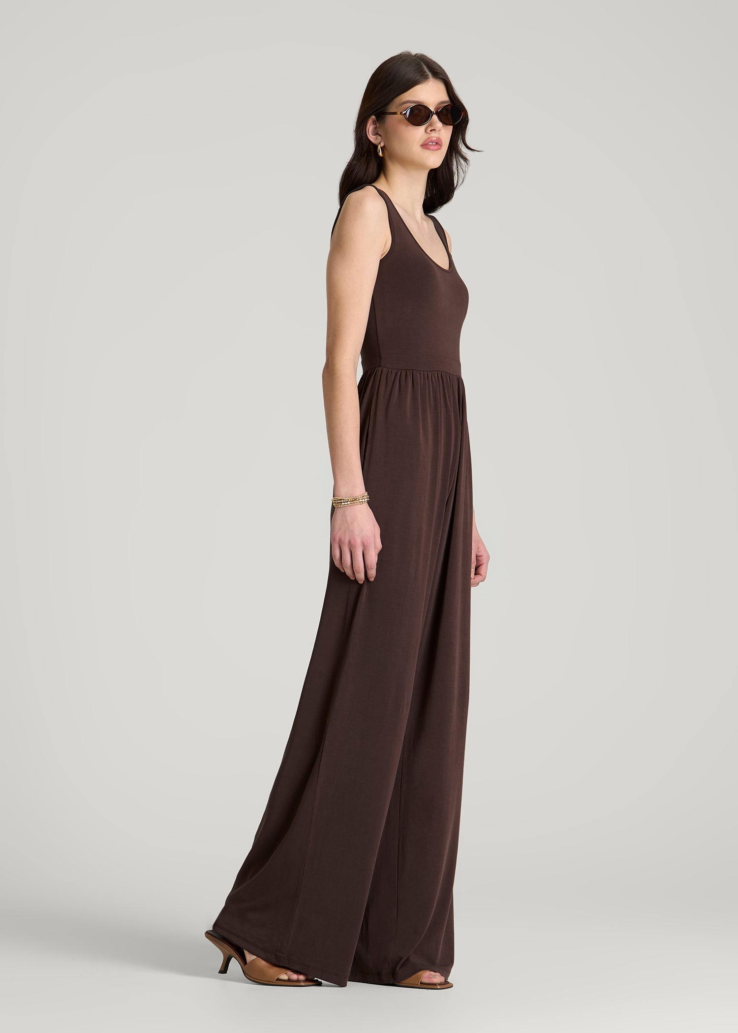 American Tall Women Jersey Tank wide leg jumpsuit with pockets for Tall Women in Espresso