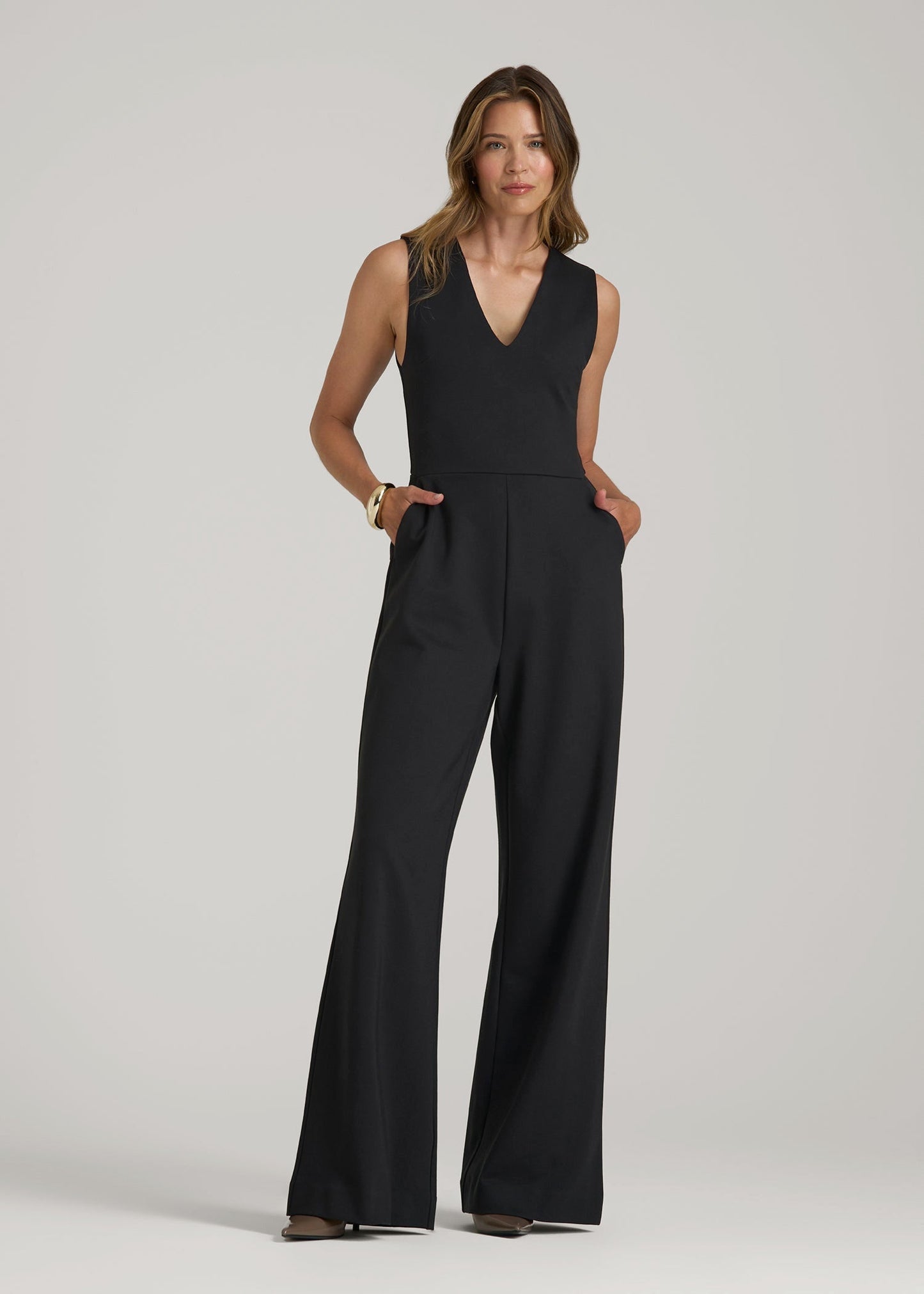American Tall Women Soft Flex Ponte Wide-Leg V-Neck Jumpsuit for Tall Women in Black