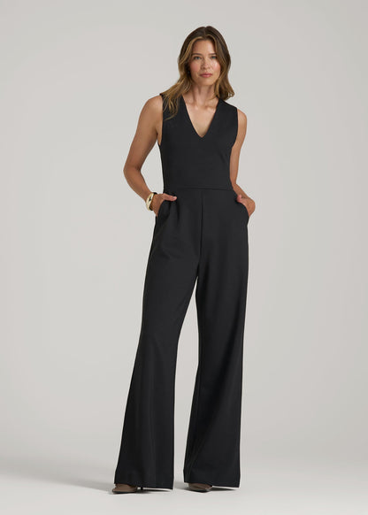 American Tall Women Soft Flex Ponte Wide-Leg V-Neck Jumpsuit for Tall Women in Black