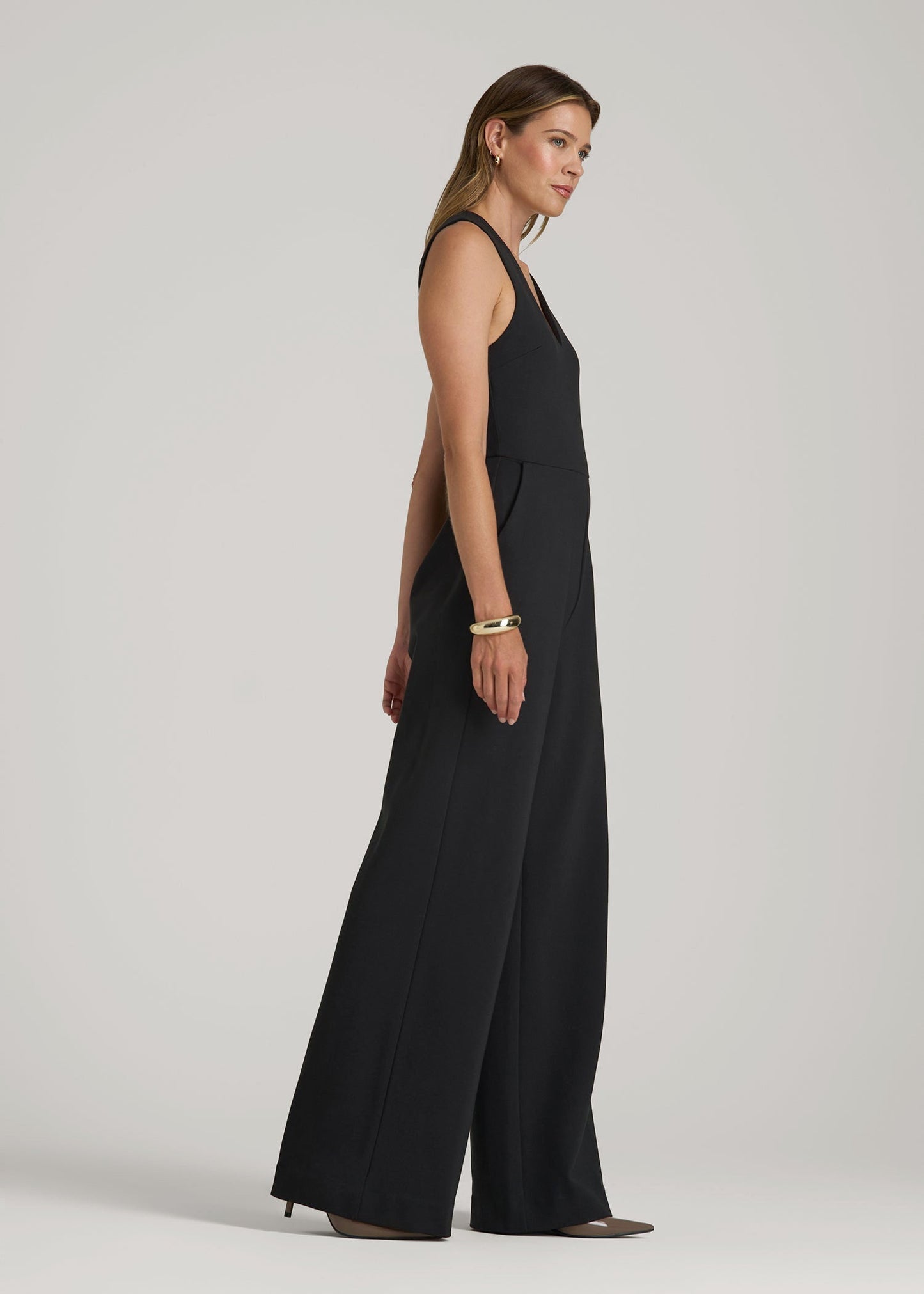 American Tall Women Soft Flex Ponte Wide-Leg V-Neck Jumpsuit for Tall Women in Black