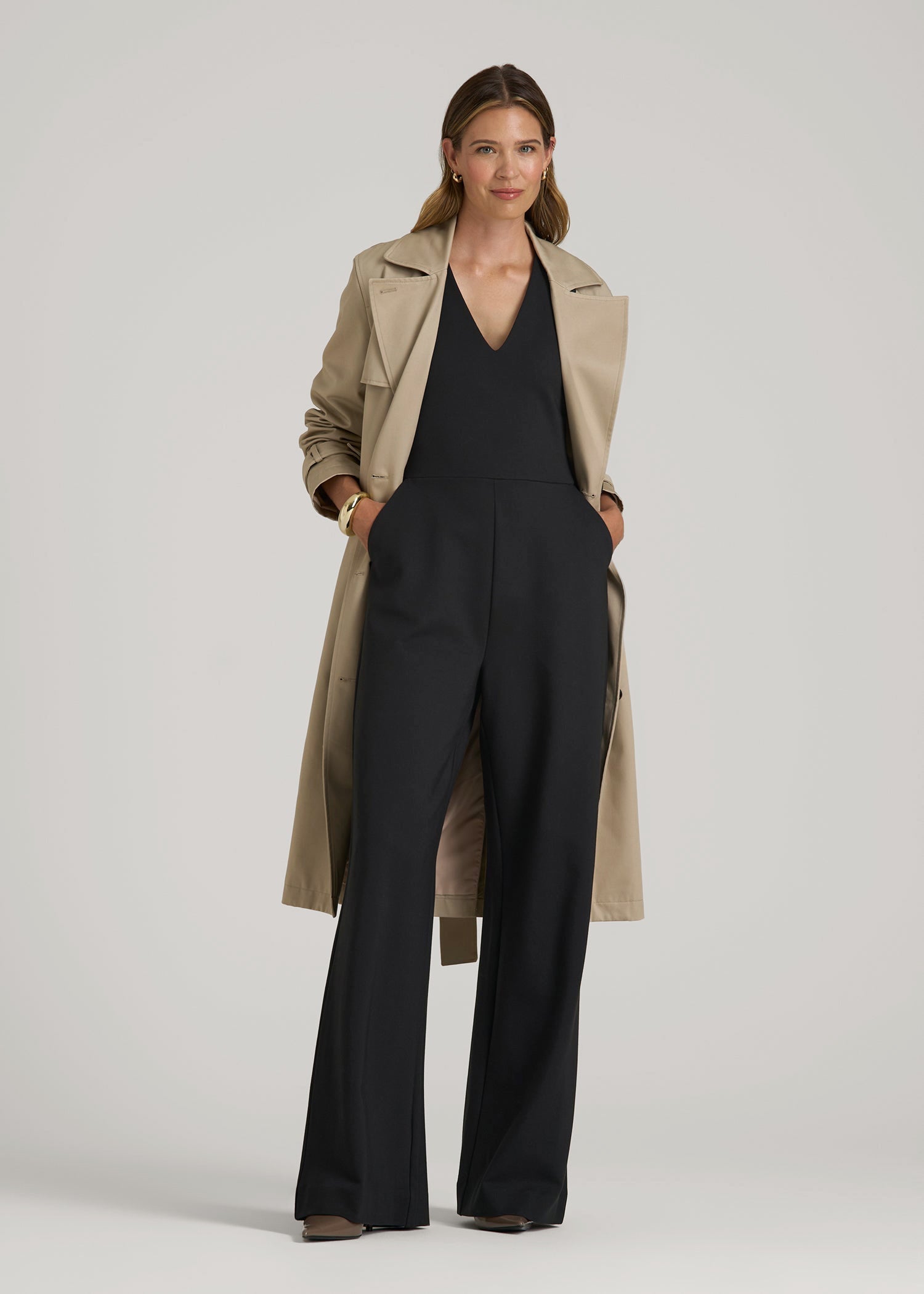 American Tall Women Soft Flex Ponte Wide-Leg V-Neck Jumpsuit for Tall Women in Black