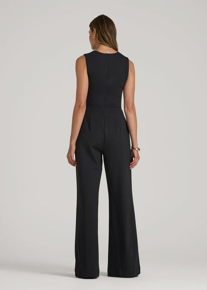 American Tall Women Soft Flex Ponte Wide-Leg V-Neck Jumpsuit for Tall Women in Black