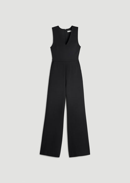 American Tall Women Soft Flex Ponte Wide-Leg V-Neck Jumpsuit for Tall Women in Black