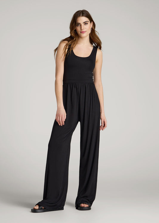 American Tall Women Jersey Tank Wide-Leg Jumpsuit with Pockets for Tall Women in Black