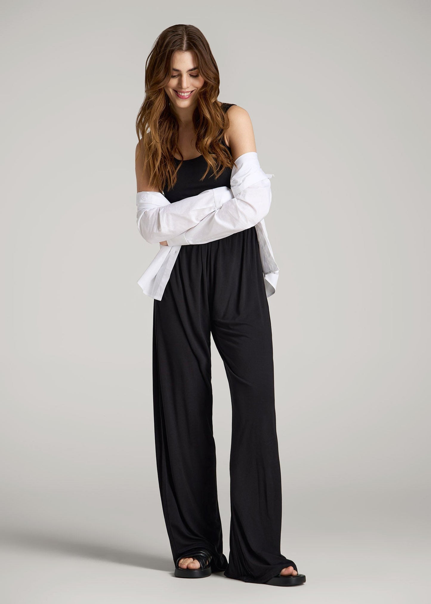 American Tall Women Jersey Tank Wide-Leg Jumpsuit with Pockets for Tall Women in Black