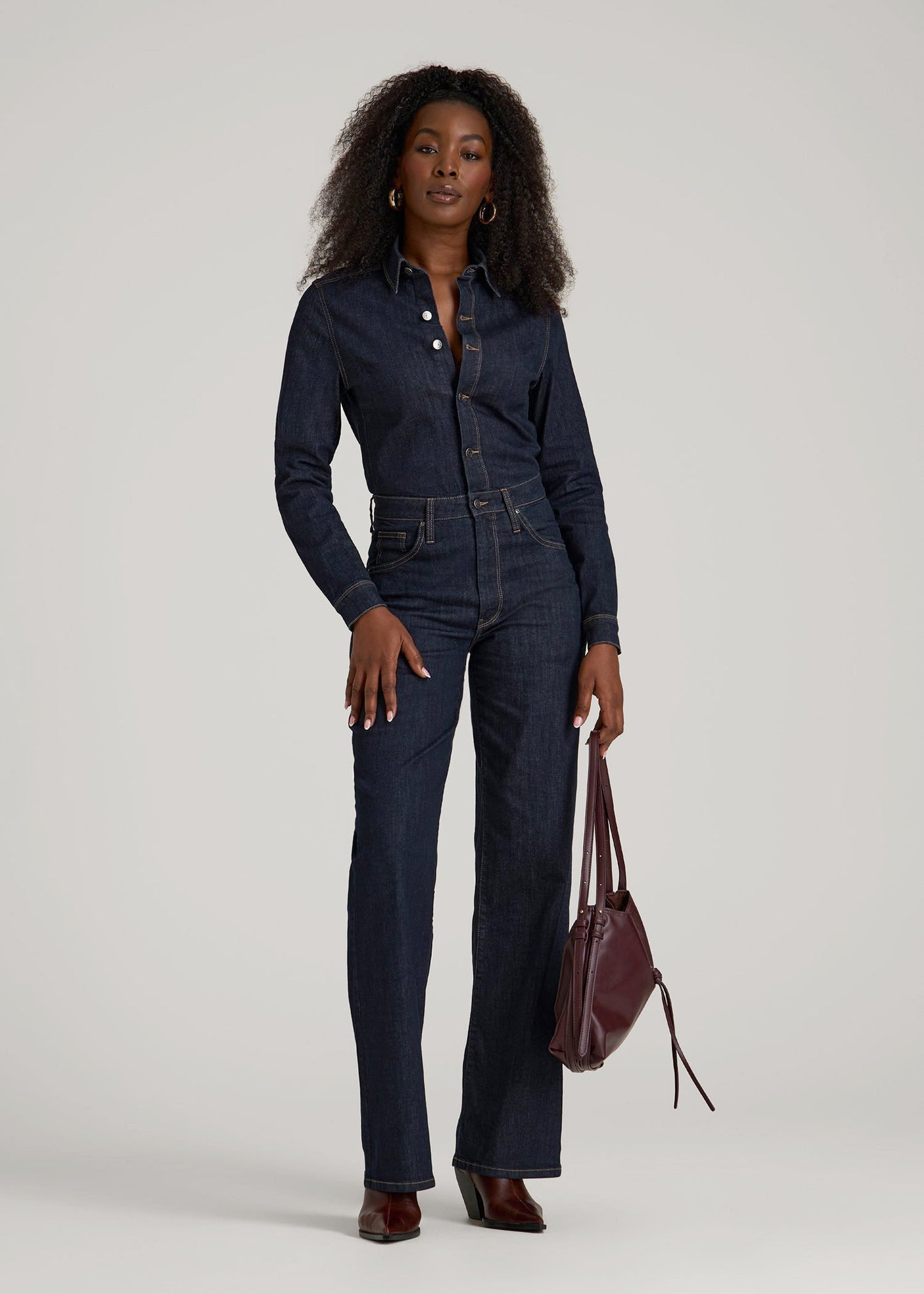 American Tall Women Long Sleeve Denim Jumpsuit for Tall Women in Rinse Wash