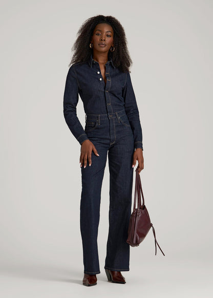 American Tall Women Long Sleeve Denim Jumpsuit for Tall Women in Rinse Wash