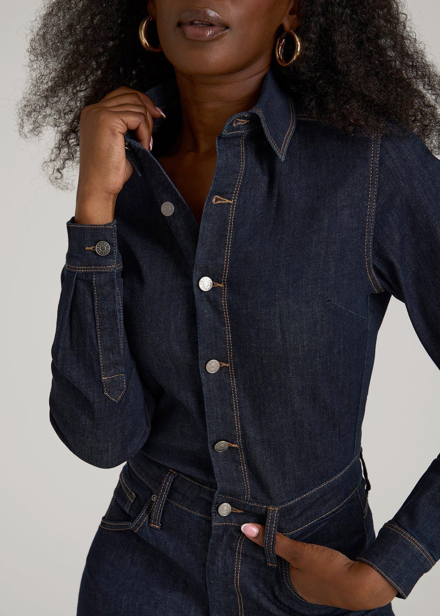 American Tall Women Long Sleeve Denim Jumpsuit for Tall Women in Rinse Wash