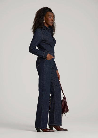 American Tall Women Long Sleeve Denim Jumpsuit for Tall Women in Rinse Wash