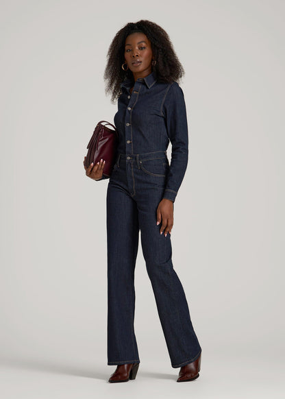 American Tall Women Long Sleeve Denim Jumpsuit for Tall Women in Rinse Wash
