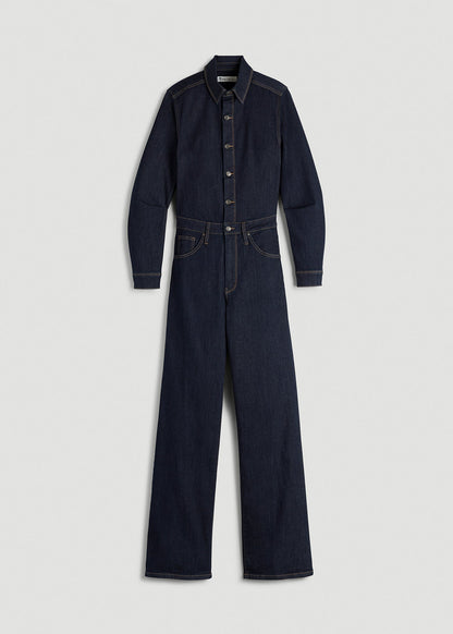 American Tall Women Long Sleeve Denim Jumpsuit for Tall Women in Rinse Wash