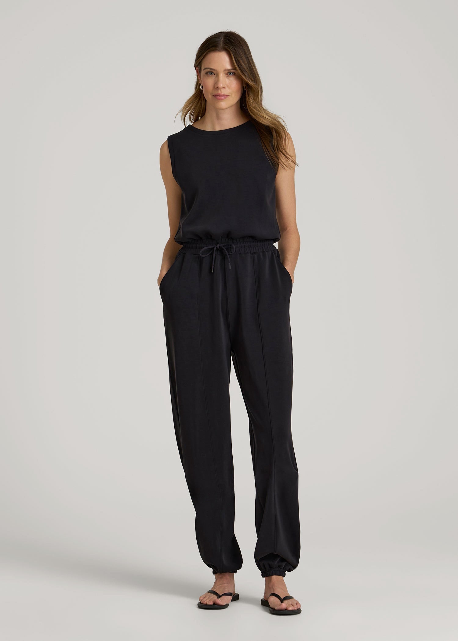 American Tall Women Soft Motion Sleeveless Sweatpant Jumpsuit for Tall Women in Black