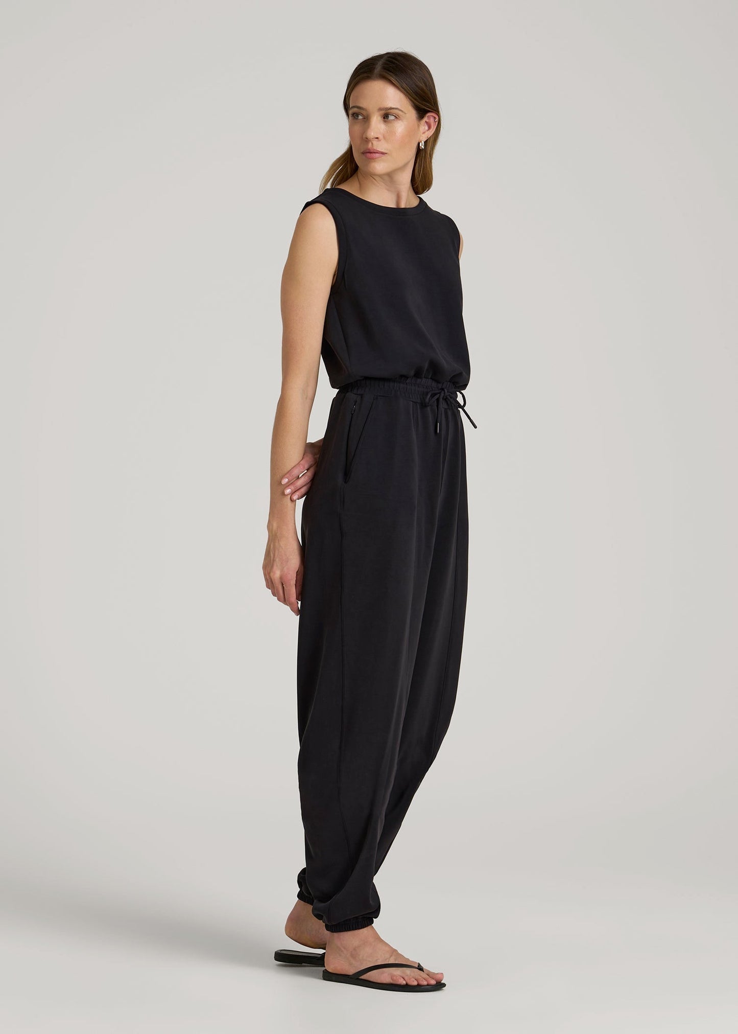 American Tall Women Soft Motion Sleeveless Sweatpant Jumpsuit for Tall Women in Black
