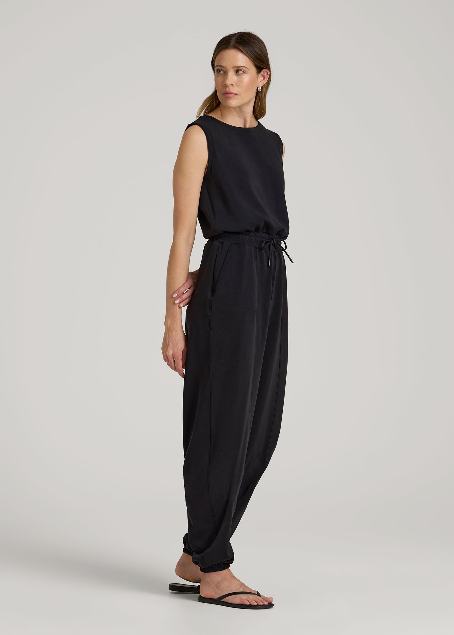 American Tall Women Soft Motion Sleeveless Sweatpant Jumpsuit for Tall Women in Black